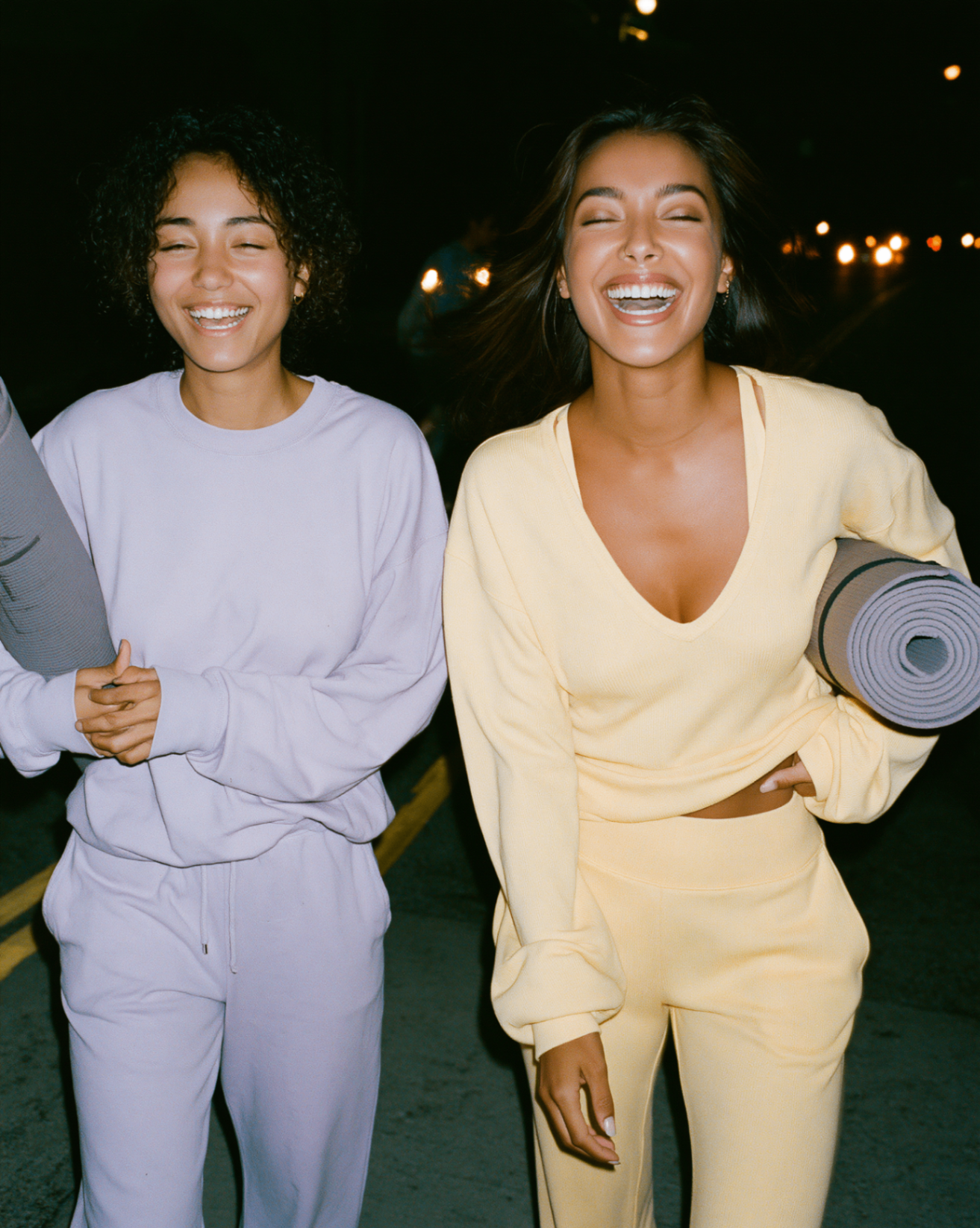 Lilac and butter yellow sweatsuits — night walk to the studio